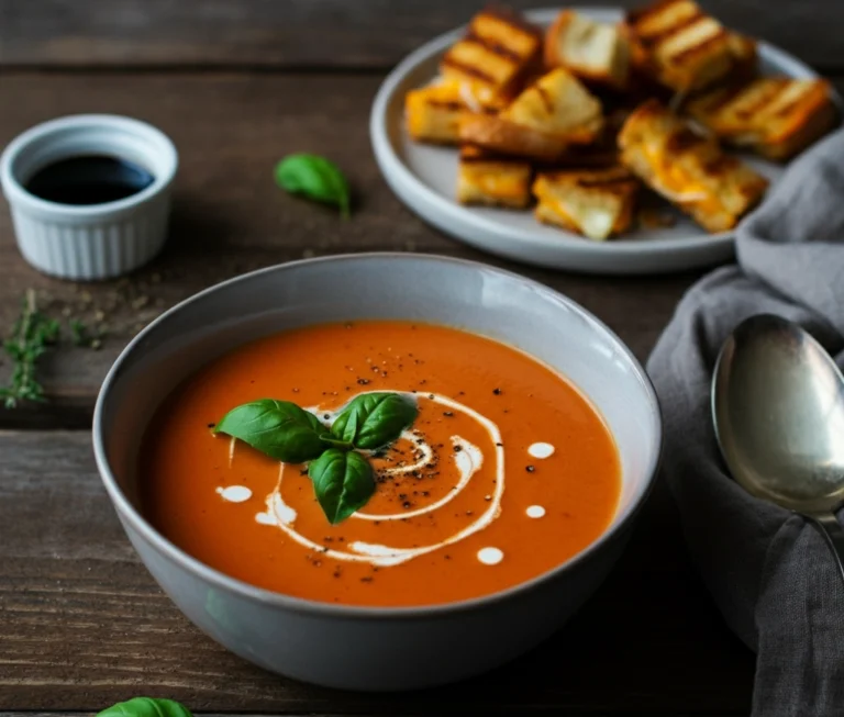 Creamy Tomato Basil Soup with Grilled Cheese Croutons: A Cozy, Flavorful Meal